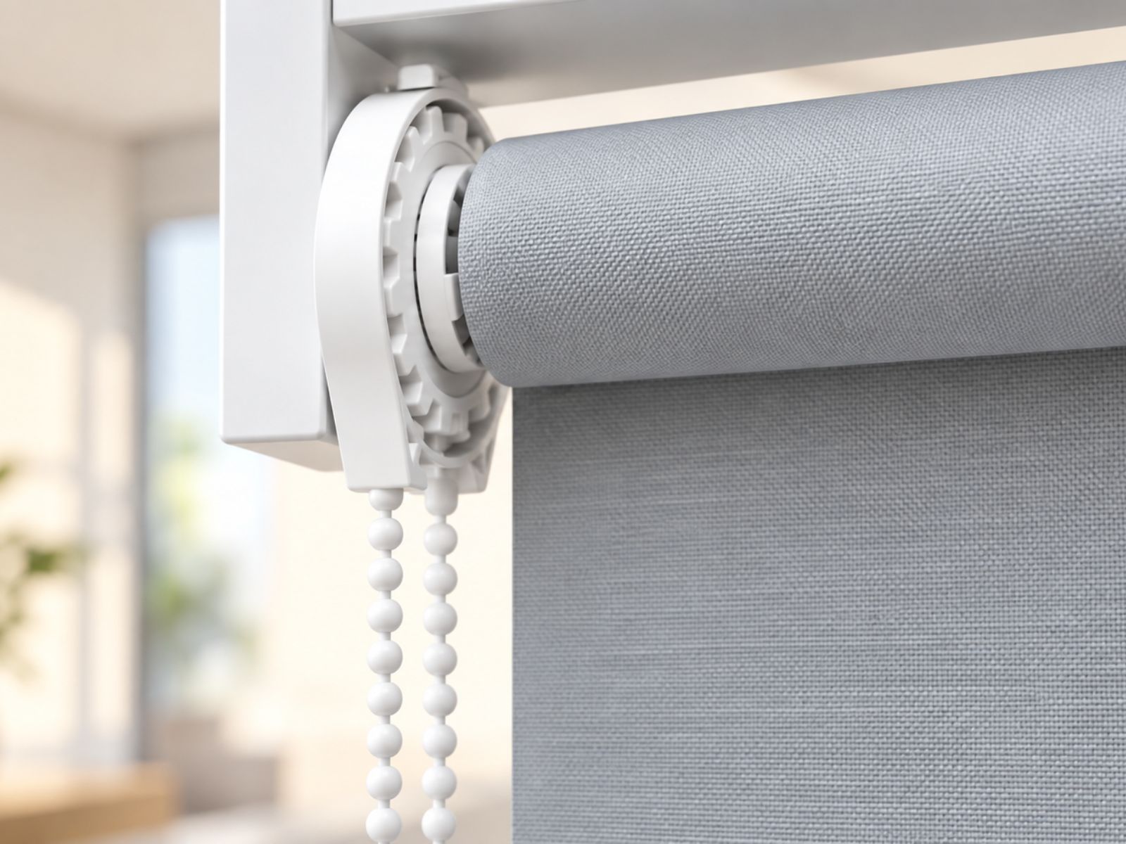 VB Blind Singapore manual roller blinds system featuring a white pulley chain mechanism, roller tube and grey fabric.