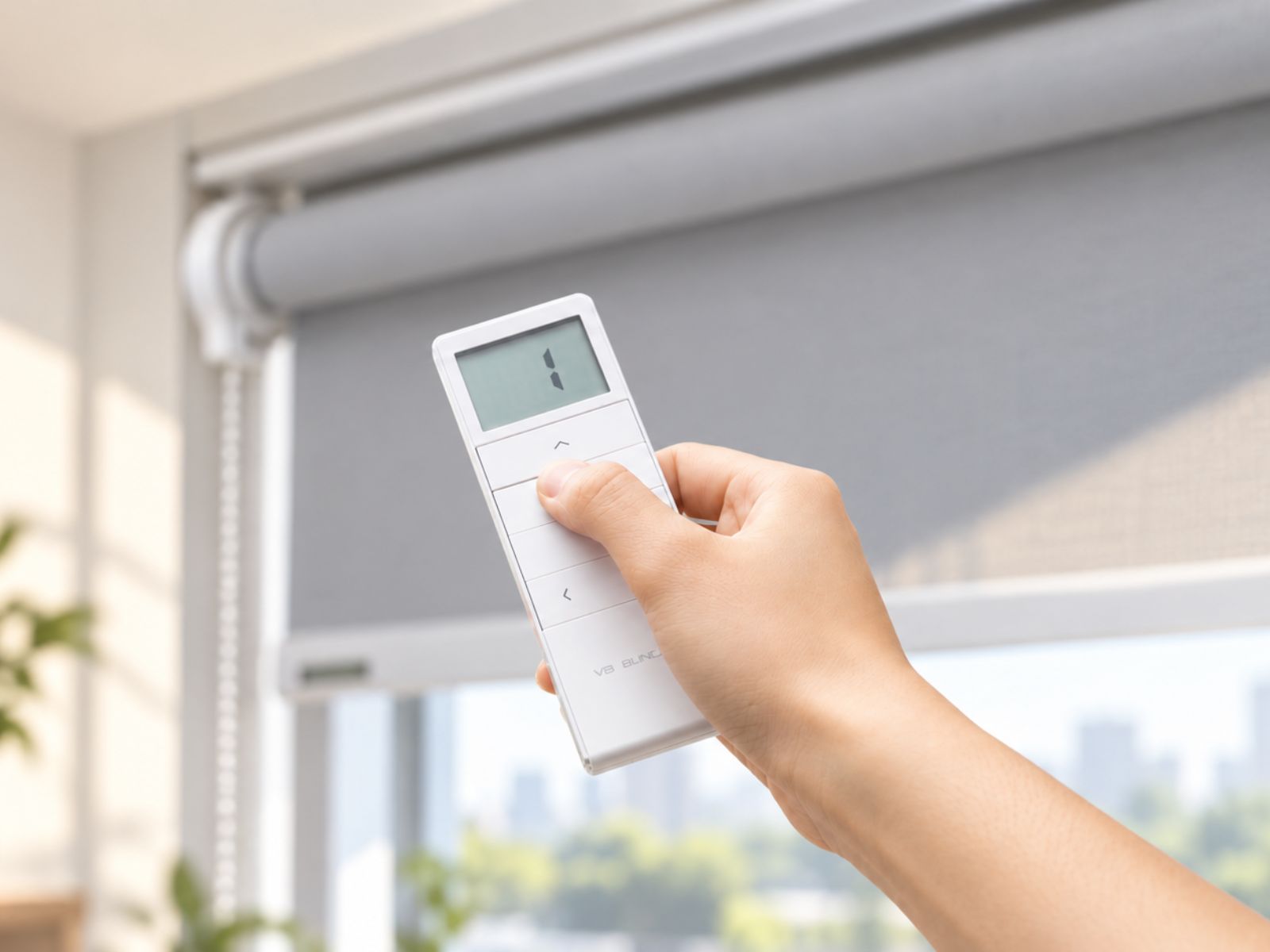 VB Blind Singapore motorised roller blinds with handheld remote control operating grey window blinds.