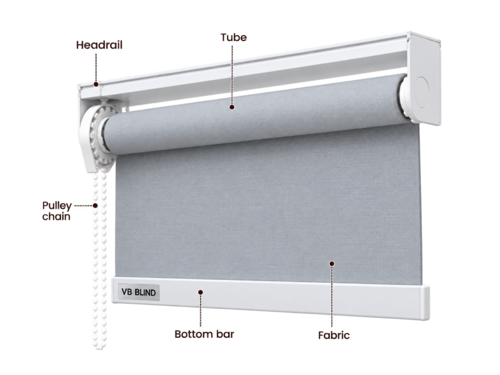 VB Blind Singapore roller blinds system diagram showing headrail, roller tube, pulley chain, fabric and branded bottom bar.