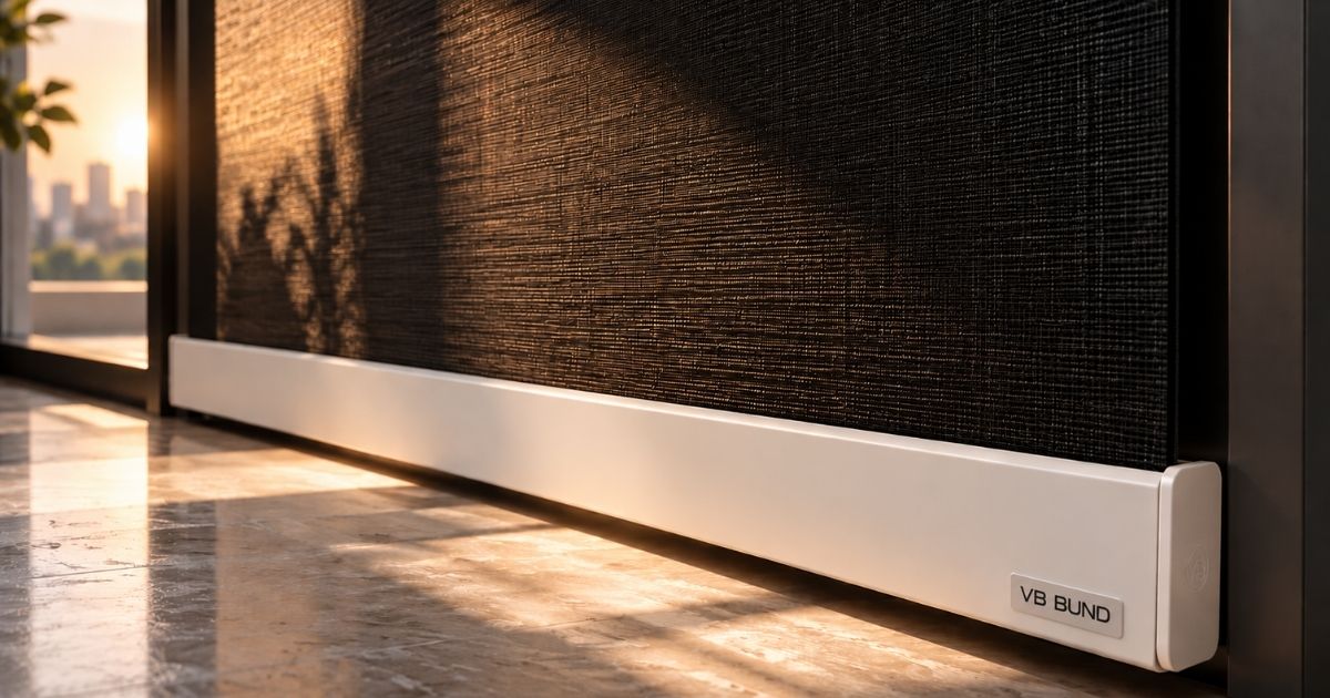 VB Blind Singapore window blind bottom bar with branded finishing detail in a modern home