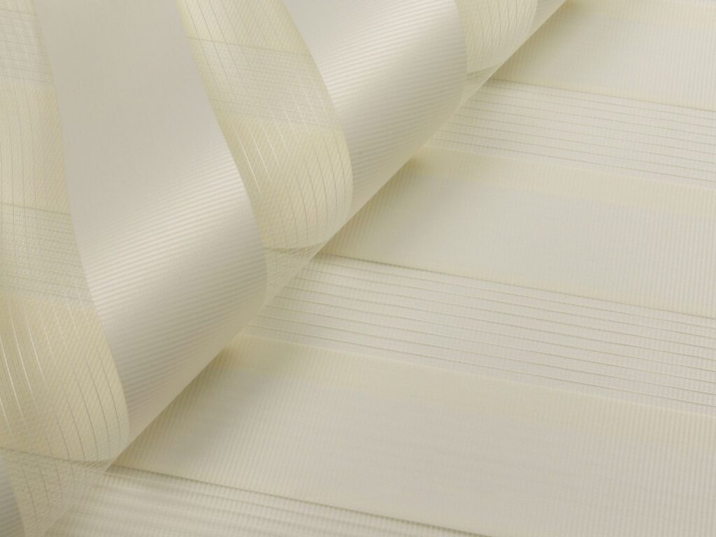 VB Blind VB323 Series dimout Korean blinds fabric in light cream with alternating sheer and textured fabric bands.