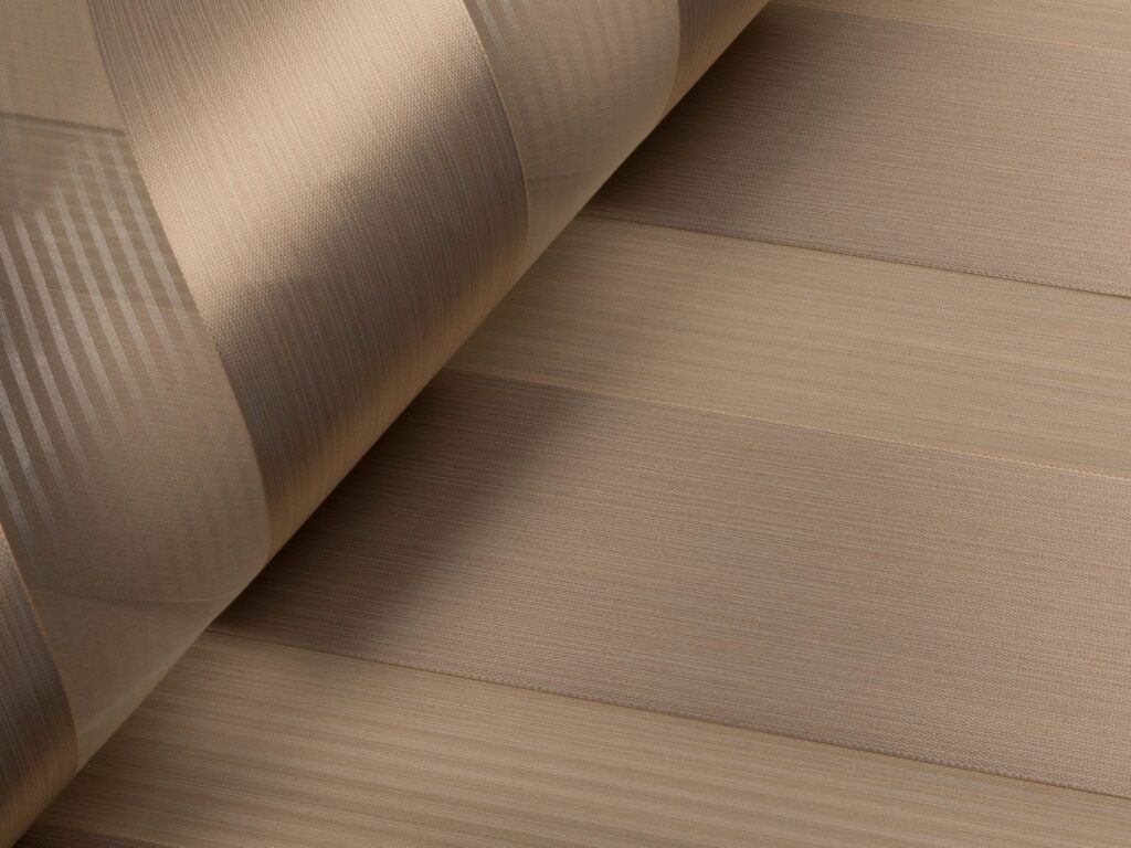 VB Blind VB324 Series blackout Korean blinds fabric in warm brown with alternating sheer and solid textured bands.