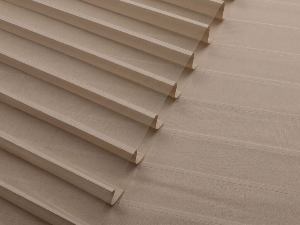 Premium Shangri-La blinds fabric showing soft sheer layers and elegant light filtering design.
